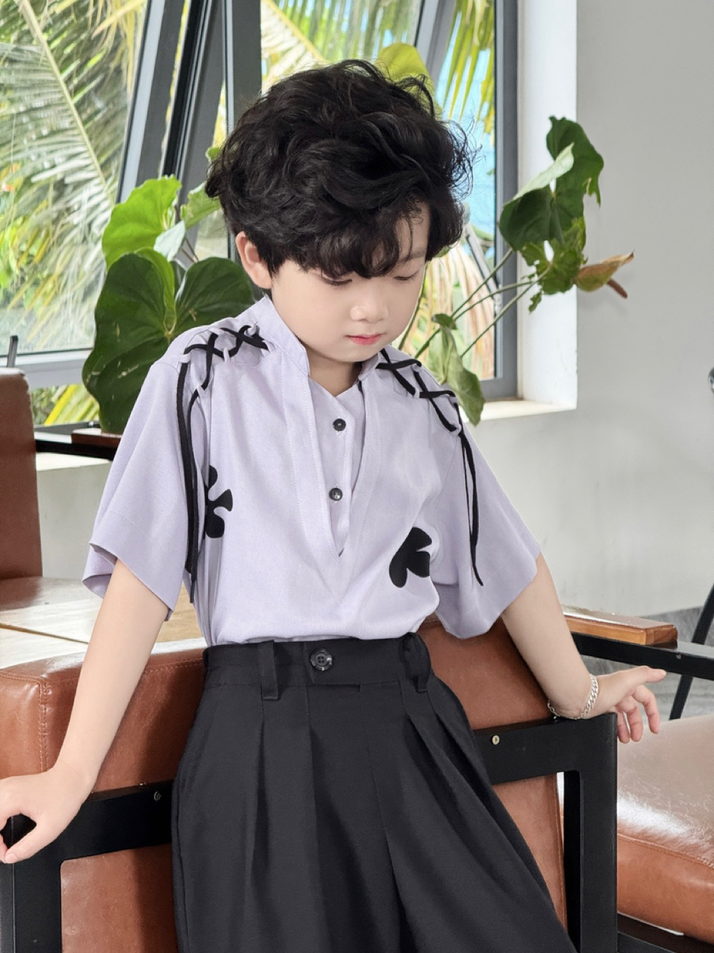 Quần Suông Đen Chằng Xếp, Áo Tím Hoa Đen Cho Bé Trai, Bé Gái_thumbnail_4
