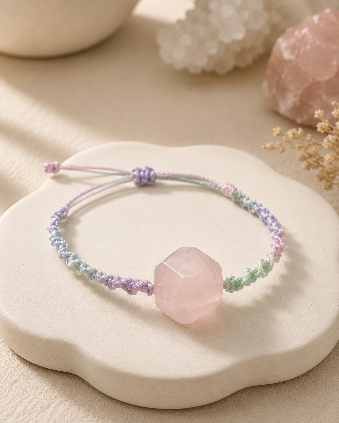 Vòng Thạch Anh Hồng Dáng Freeform Macrame Cầu Vồng