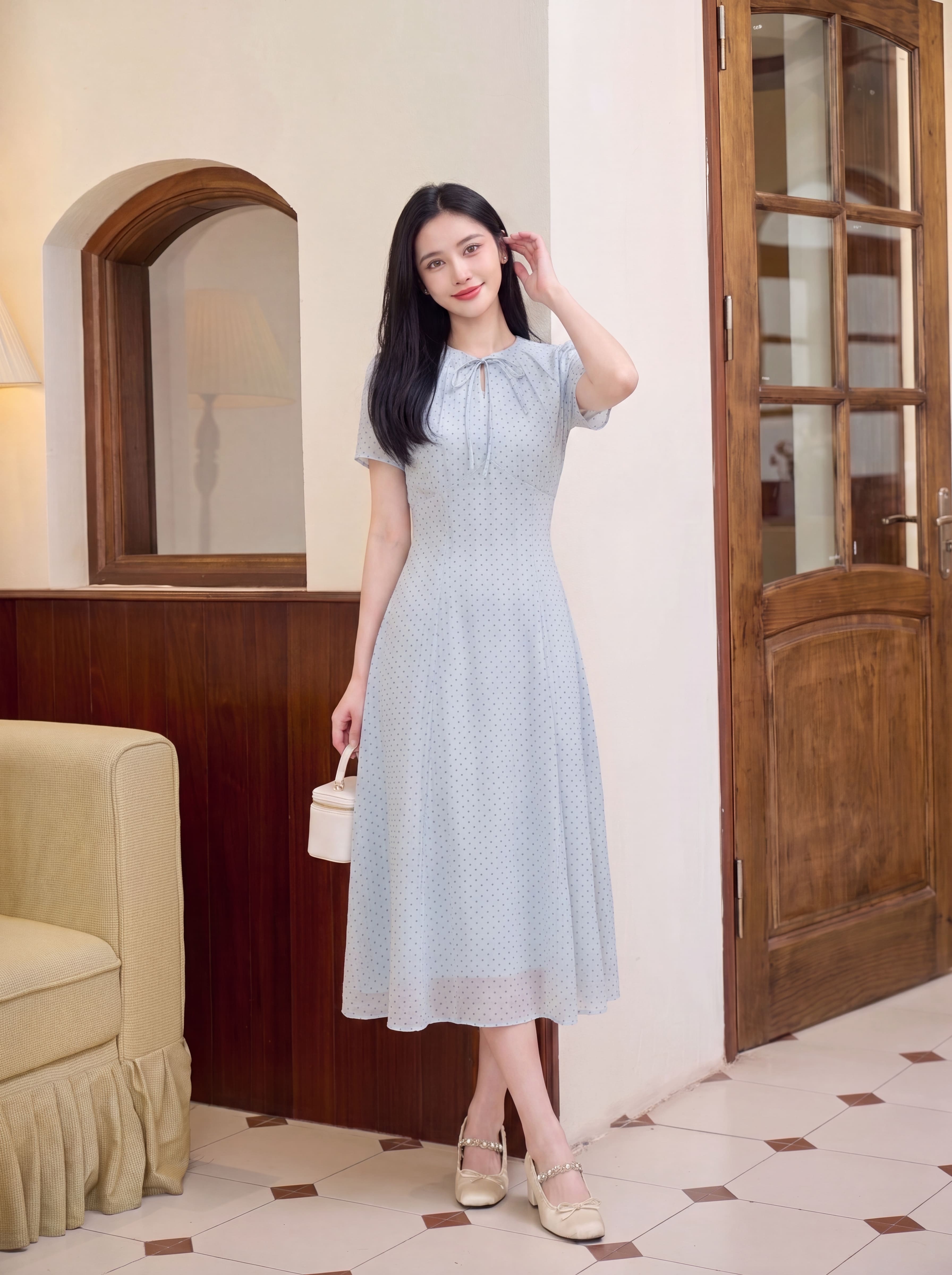 Váy cộc tay cổ thắt nơ 607010