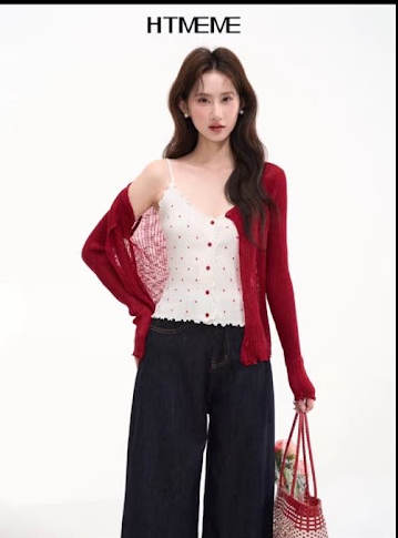 Lucas - Set áo len 2 dây chấm bi cài cúc viền bèo nhún + áo cardigan gân dọc_thumbnail_1