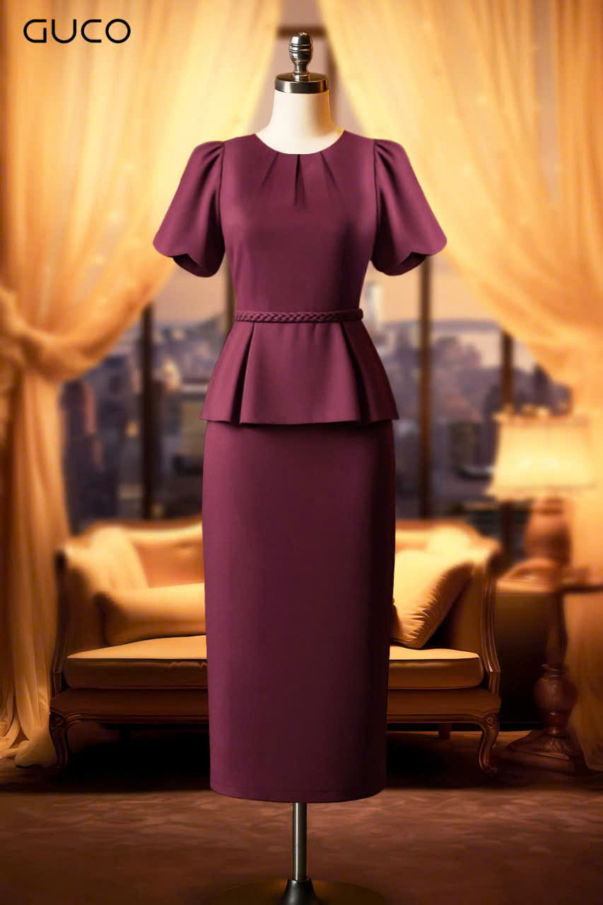 ĐẦM PEPLUM CỔ TRÒN XẾP LY - ĐỎ ĐÔ