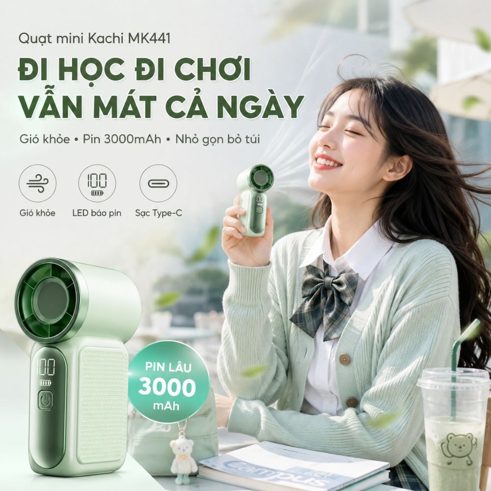 Quạt Cầm Tay Mini Kachi MK441 - Pin Khủng 3000mAh, Màn Hình LED Hiển Thị, 6 Cấp Độ Gió (Bảo Hành 18 Tháng)_thumbnail_10