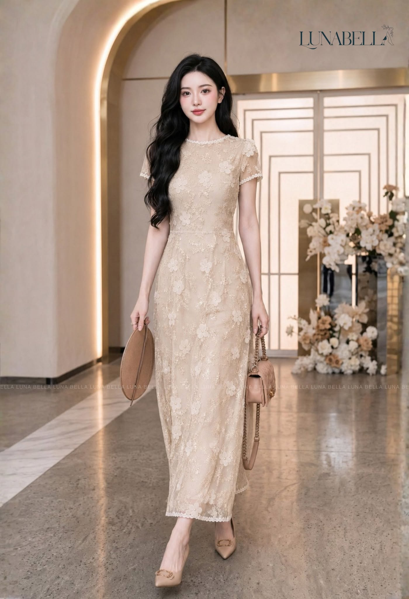 Váy ren dài hoa nổi BECKY màu KEM_thumbnail_1