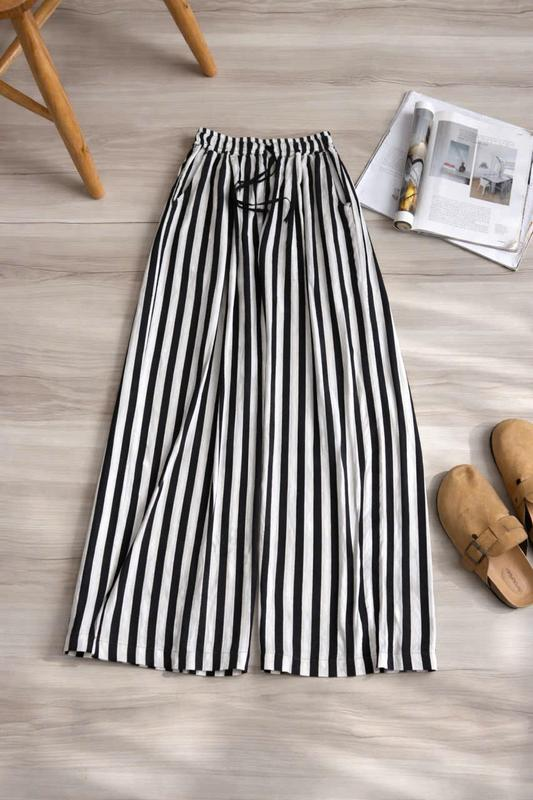 Quần suông linen bố sọc lưng chun dây rút đen