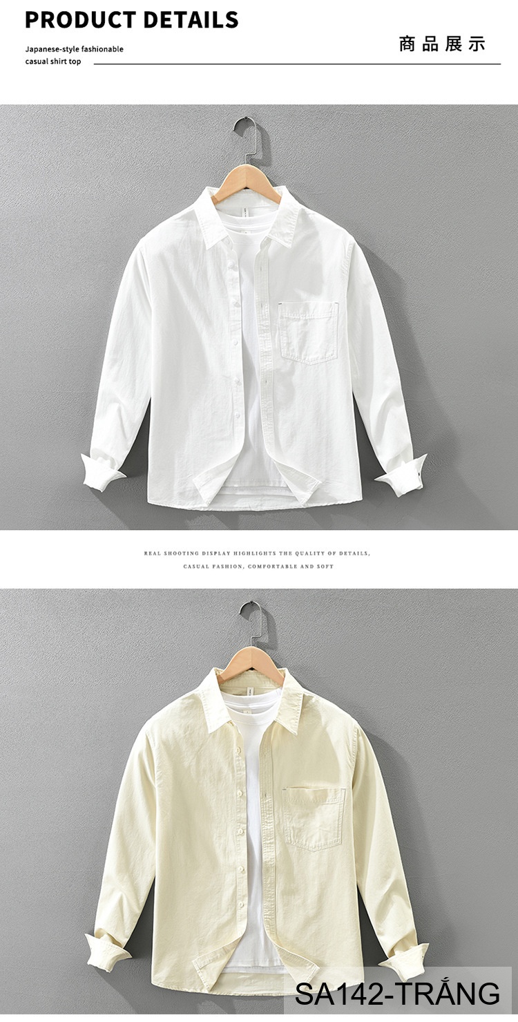 SA142 - Áo Sơ Mi Dài Tay Nam Phong Cách Nhật Bản Chất Cotton 100% Đa Năng