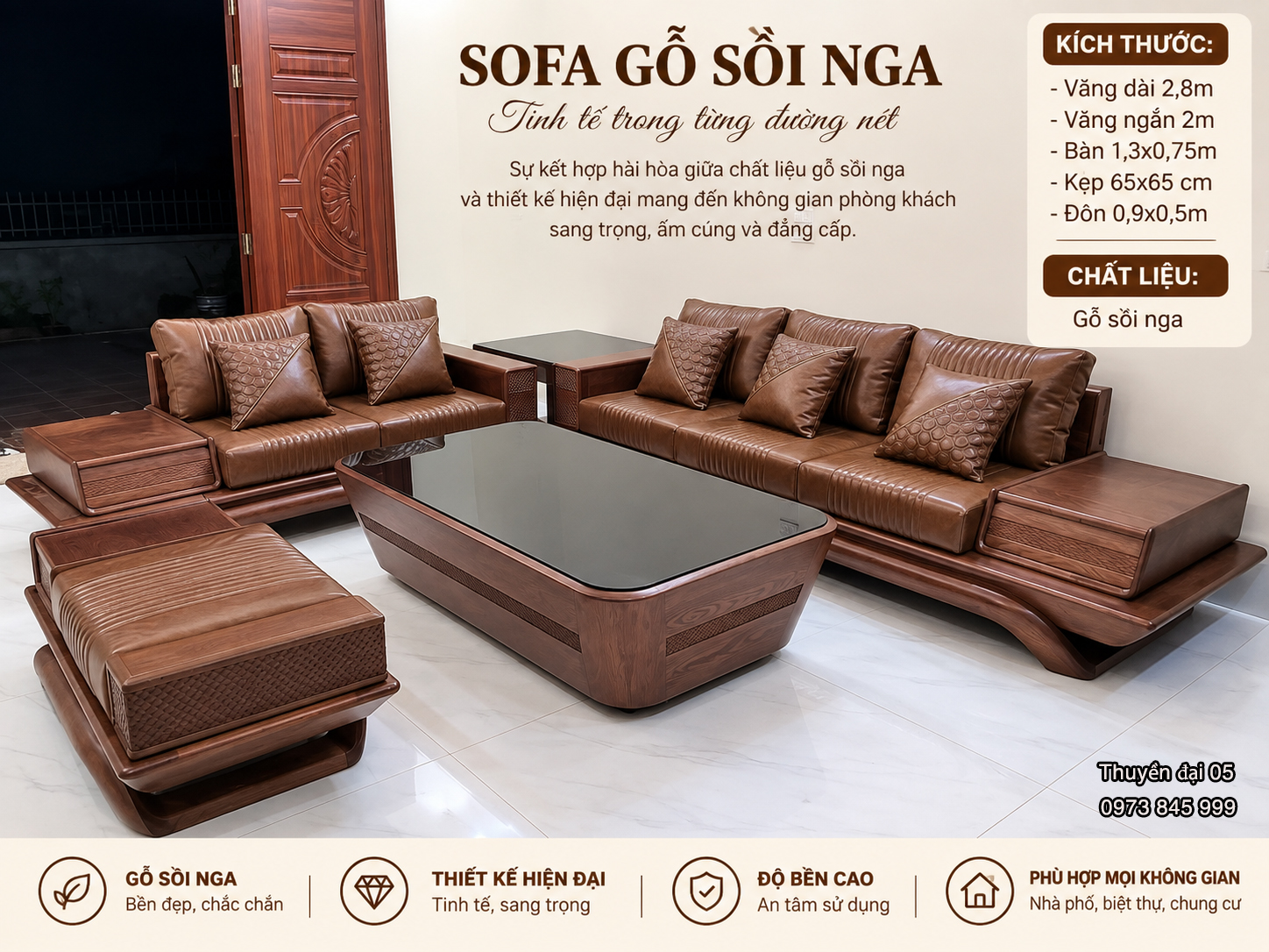 Sofa chân thuyền cao cấp, màu nâu trầm