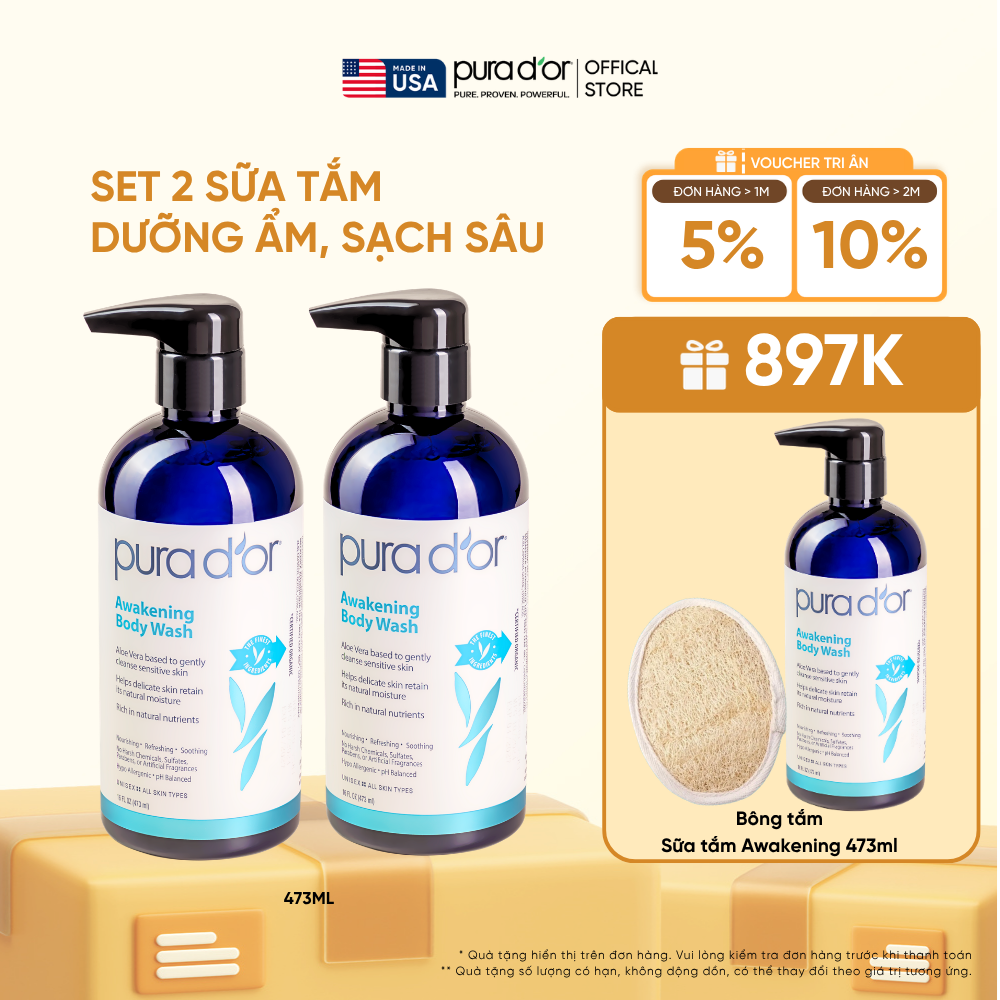 [Mua 2 tặng 1] Set 2 Sữa Tắm Pura D'or Awakening Body Wash Giúp Làm Sạch & Dưỡng Ẩm 473ml