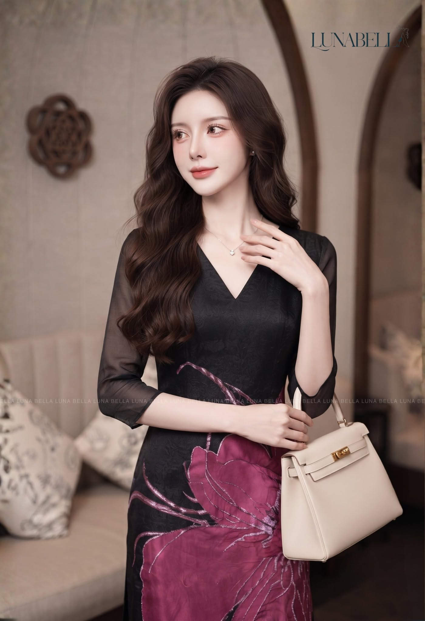 Váy voan in hoa bản to LYSARA màu ĐEN