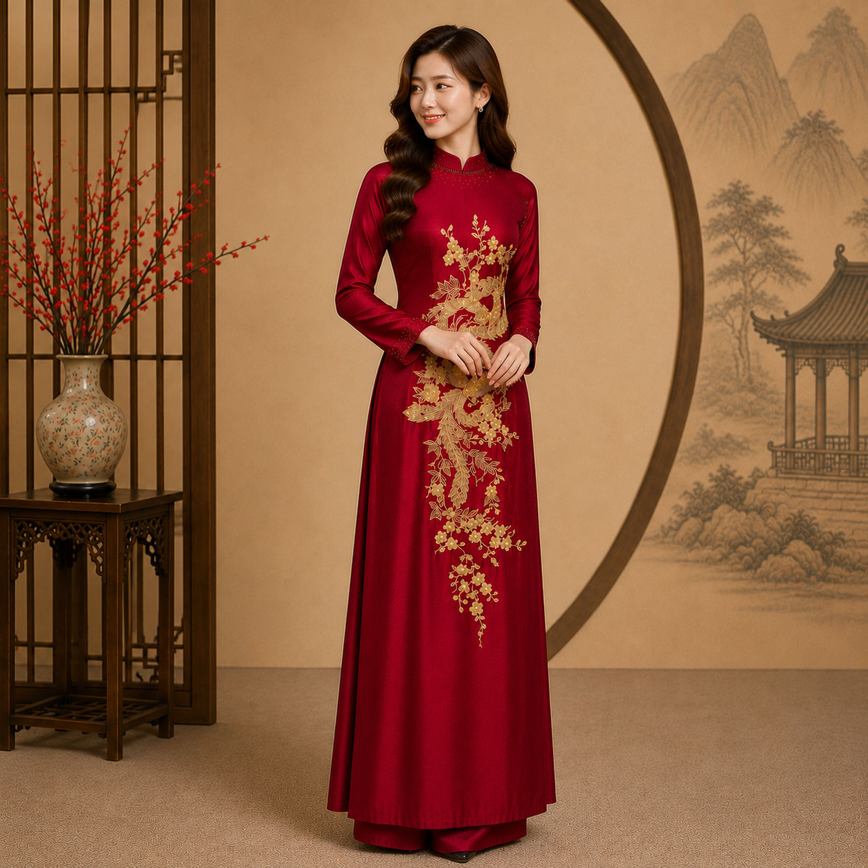 Áo Dài Mẹ Cô Dâu Chú Rể Thêu Song Phụng Vàng Sang Trọng Chất Ruby Cao Cấp AM26-17_thumbnail_3