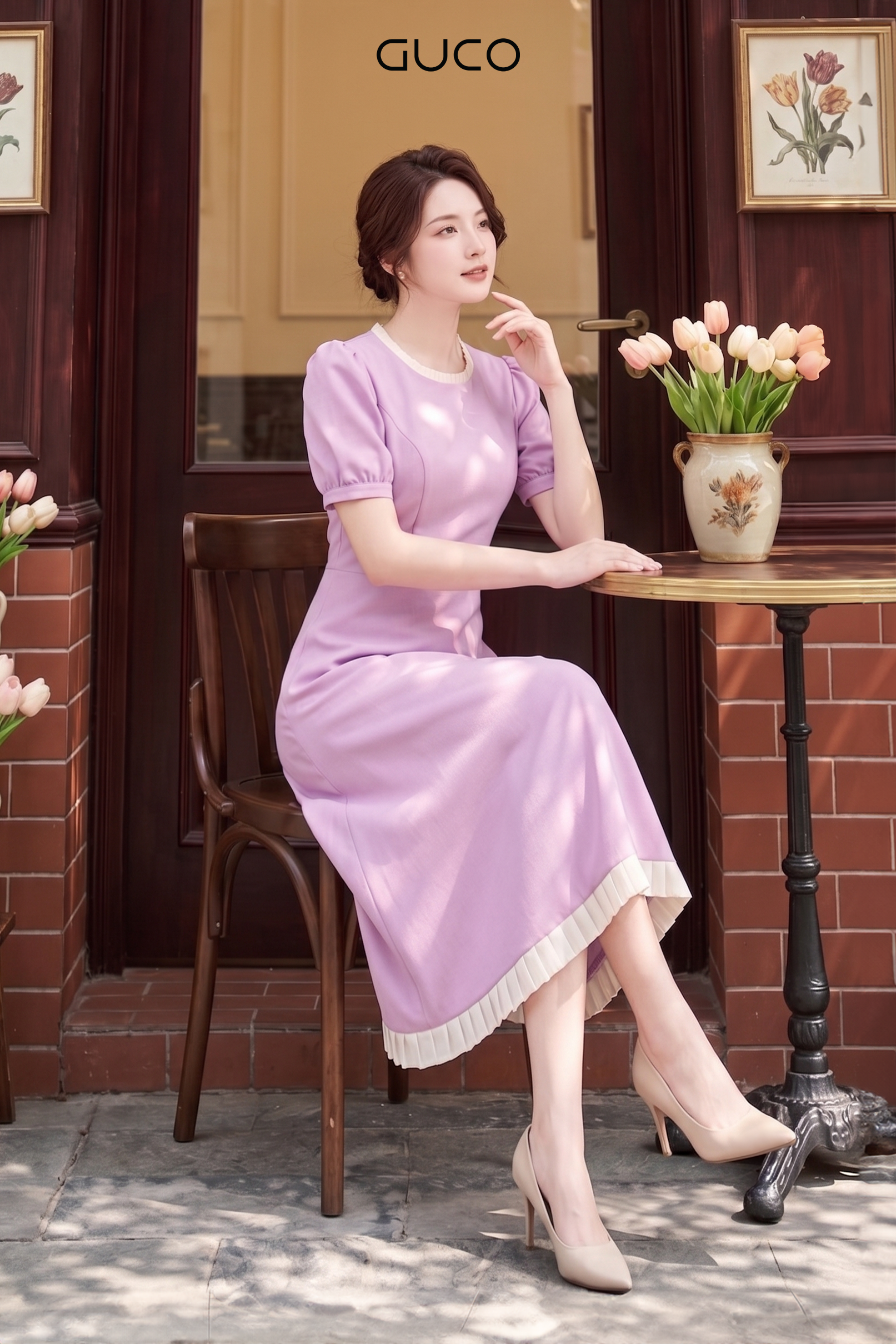 Đầm Tím Cổ Tròn Phối Viền Xếp Ly Trắng_thumbnail_2