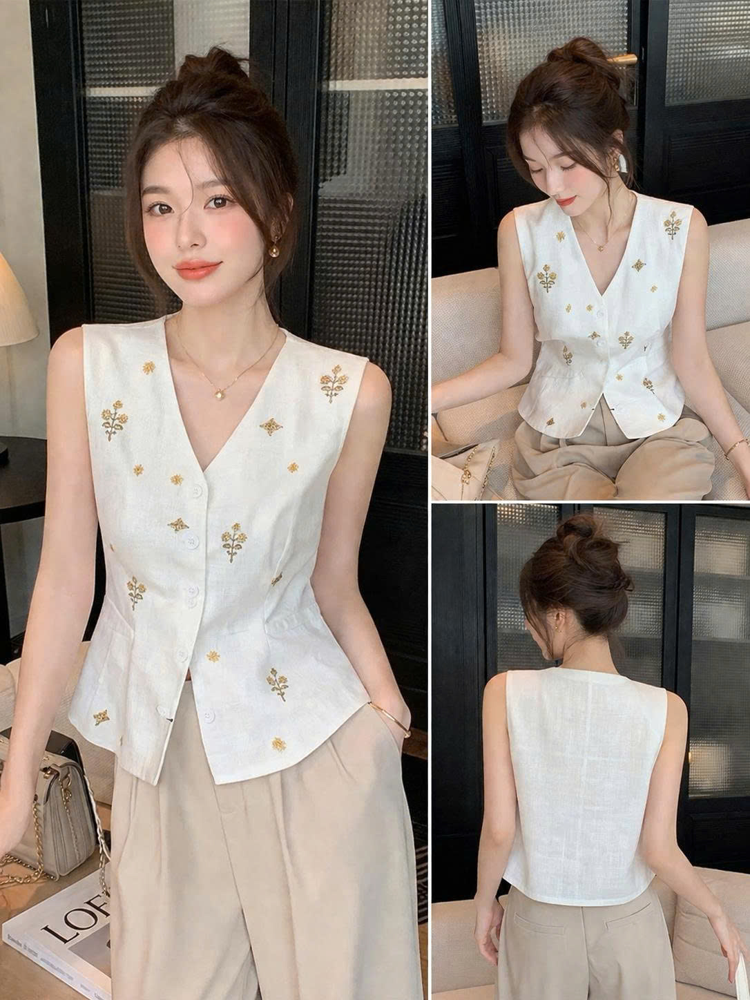 MS NB2302353 : Áo gile nữ cổ V thanh lịch sang trọng