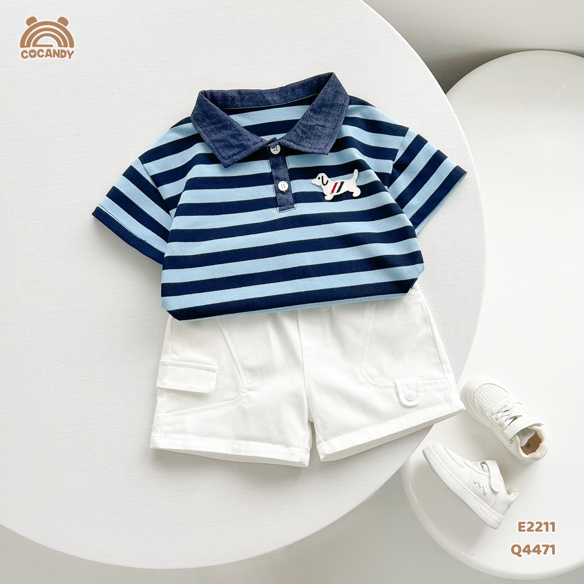 Áo cộc polo kẻ XANH NAVY nẹp cổ tag cún_thumbnail_3