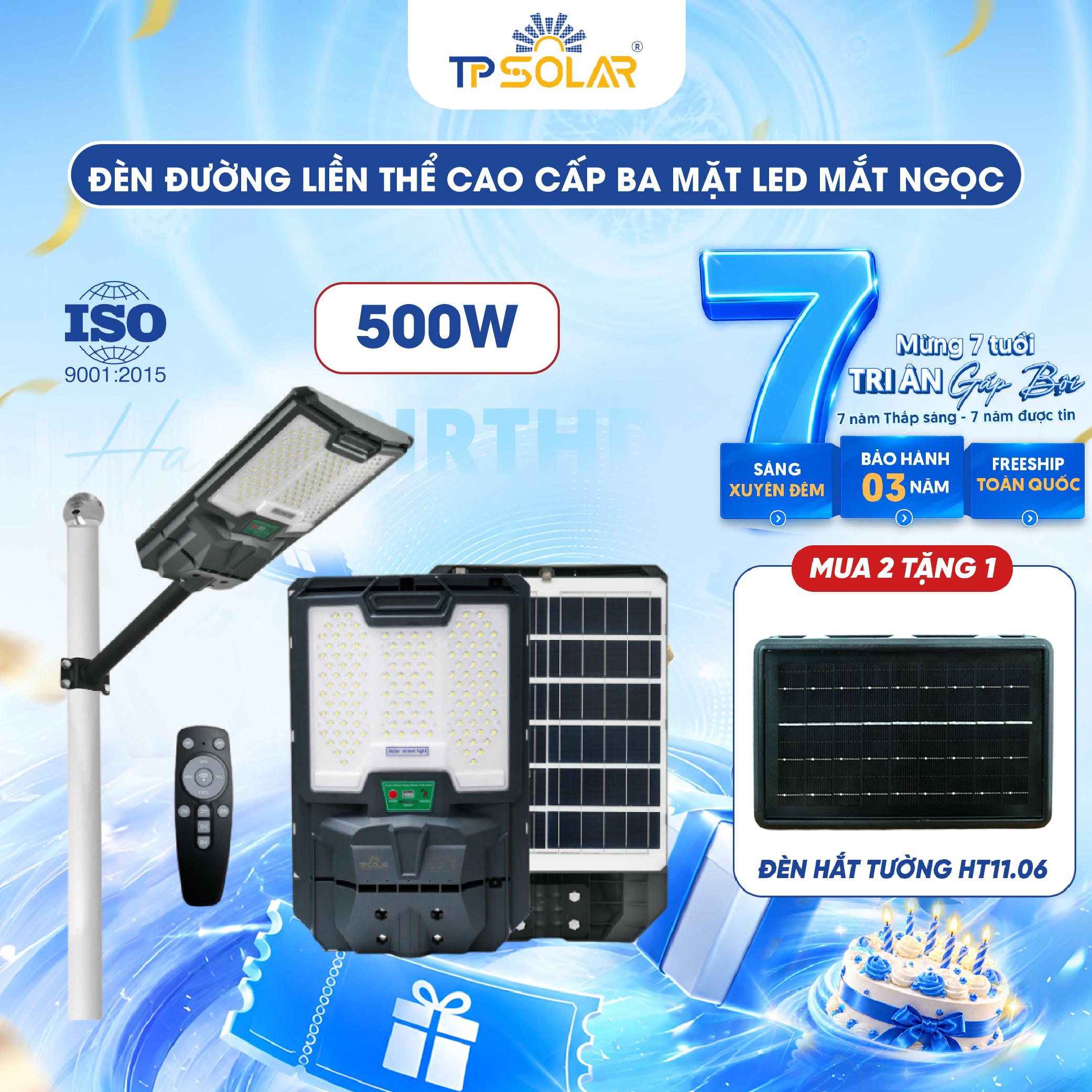 Đèn đường liền thể cao cấp 3 mặt LED mắt ngọc năng lượng mặt trời TP SOLAR LT11