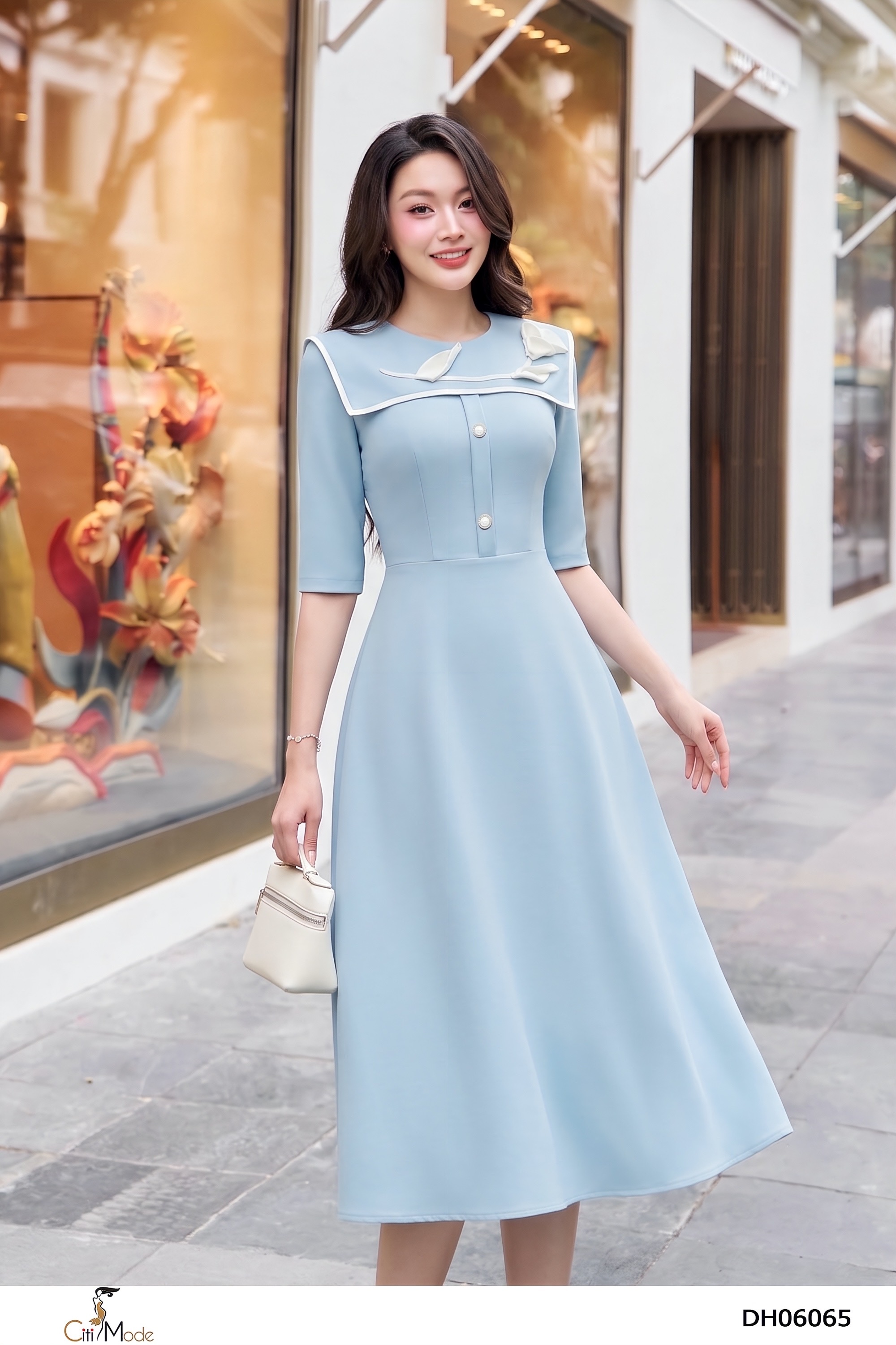 Đầm xòe xanh ngọc vạt cổ đính hoa tay lỡ_thumbnail_3