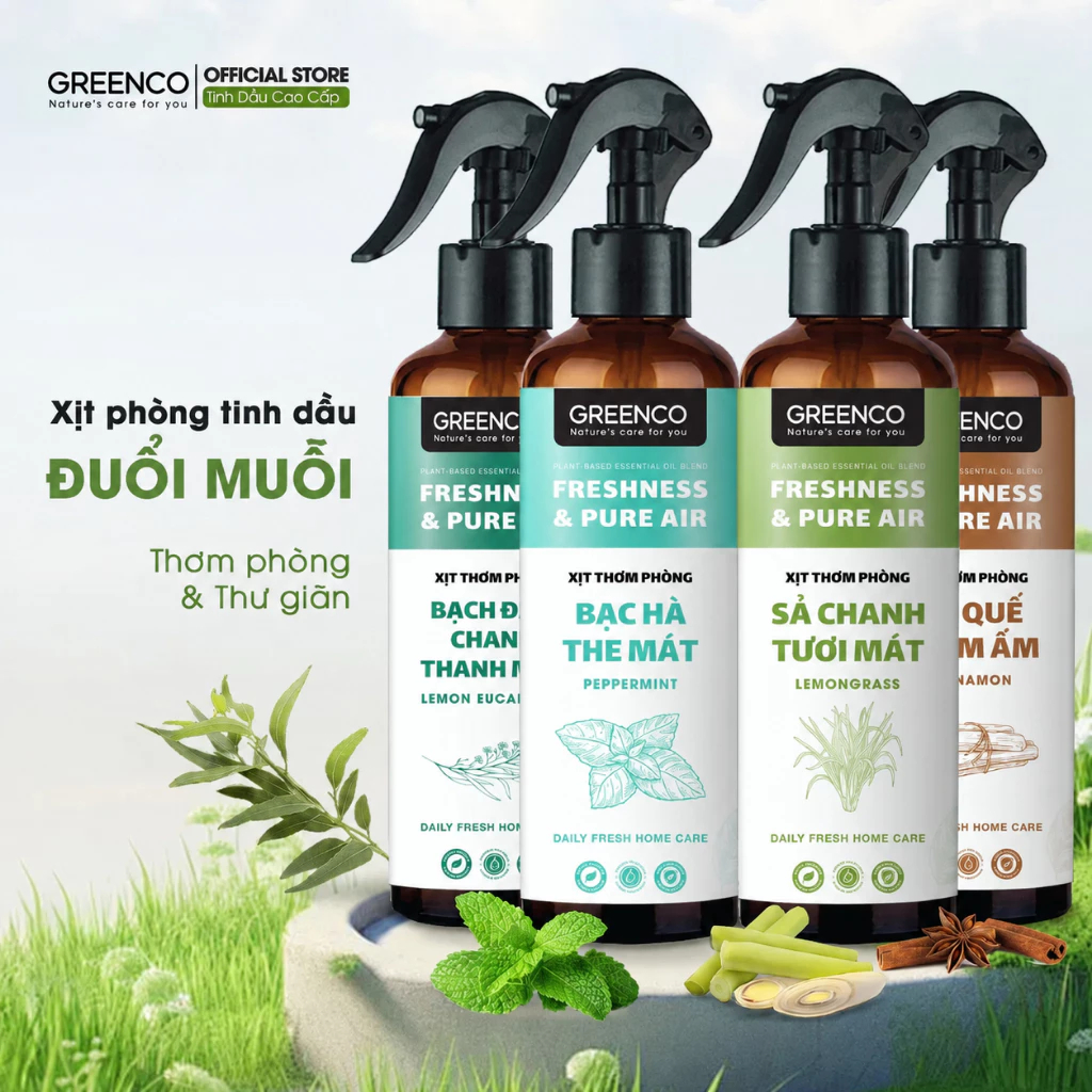 🎁 [COMBO 2] Bình Xịt Phòng Tinh Dầu Sả Chanh GREENCO – Hỗ Trợ Khử Mùi, Làm Thơm Không Gian, Hỗ Trợ Xua Đuổi Muỗi & Côn T