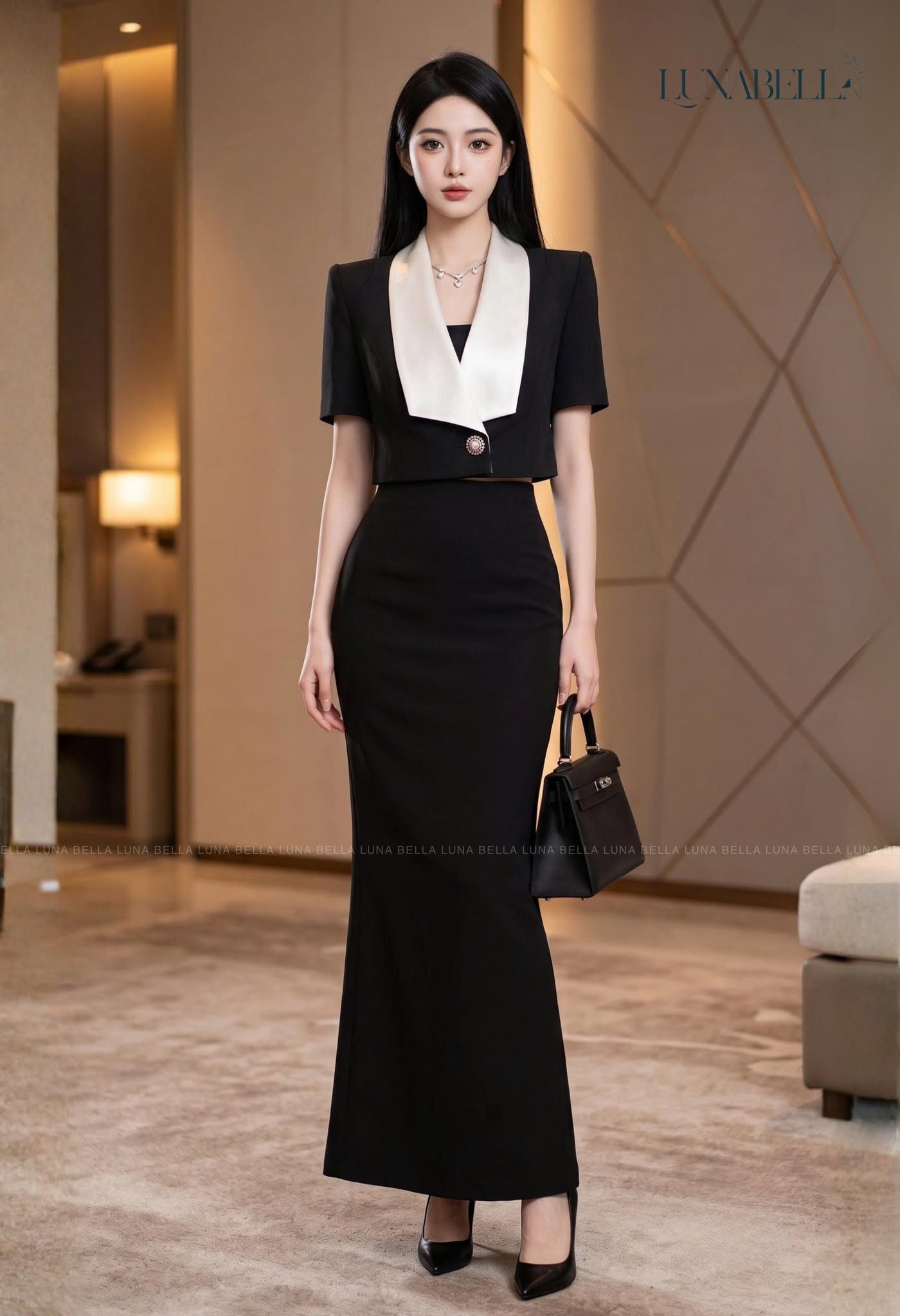 Set vest lưng và chân váy ôm dài VAREL màu ĐEN