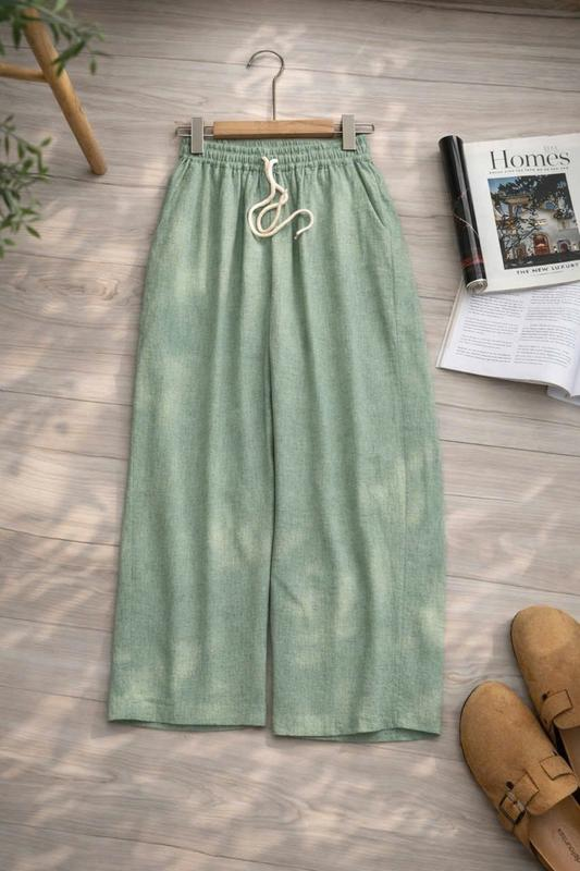 Quần suông linen bột lưng thun dây rút