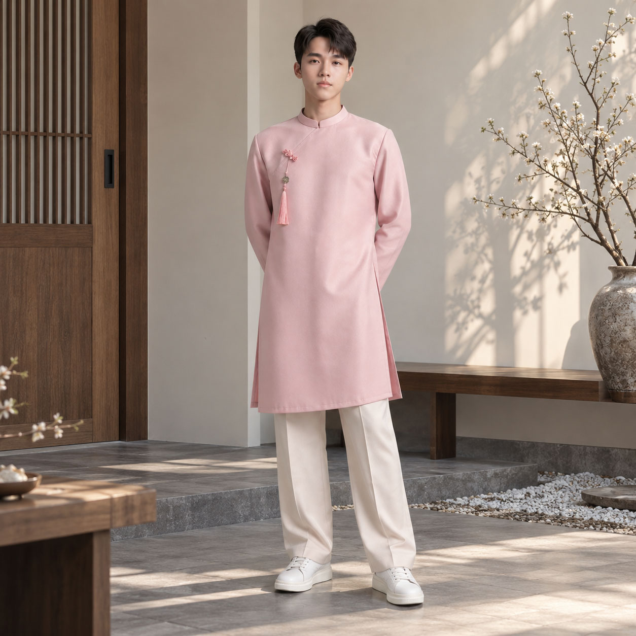ÁO DÀI NAM CÁCH TÂN CỔ ĐỨNG TAFFETA NA26-24
