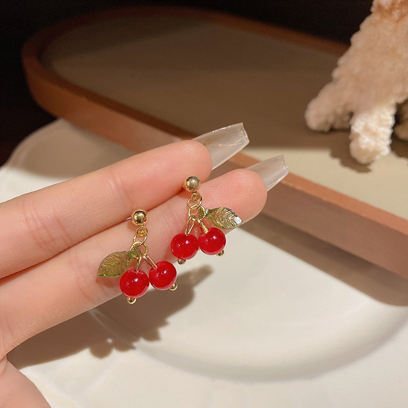 Hoa tai kẹp tai hình anh đào dại mùa xuân phong cách retro cho nữ màu đỏ trắng ngọt ngào đơn giản phong cách rừng tinh tế cao cấp màu sắc: một đôi hoa tai