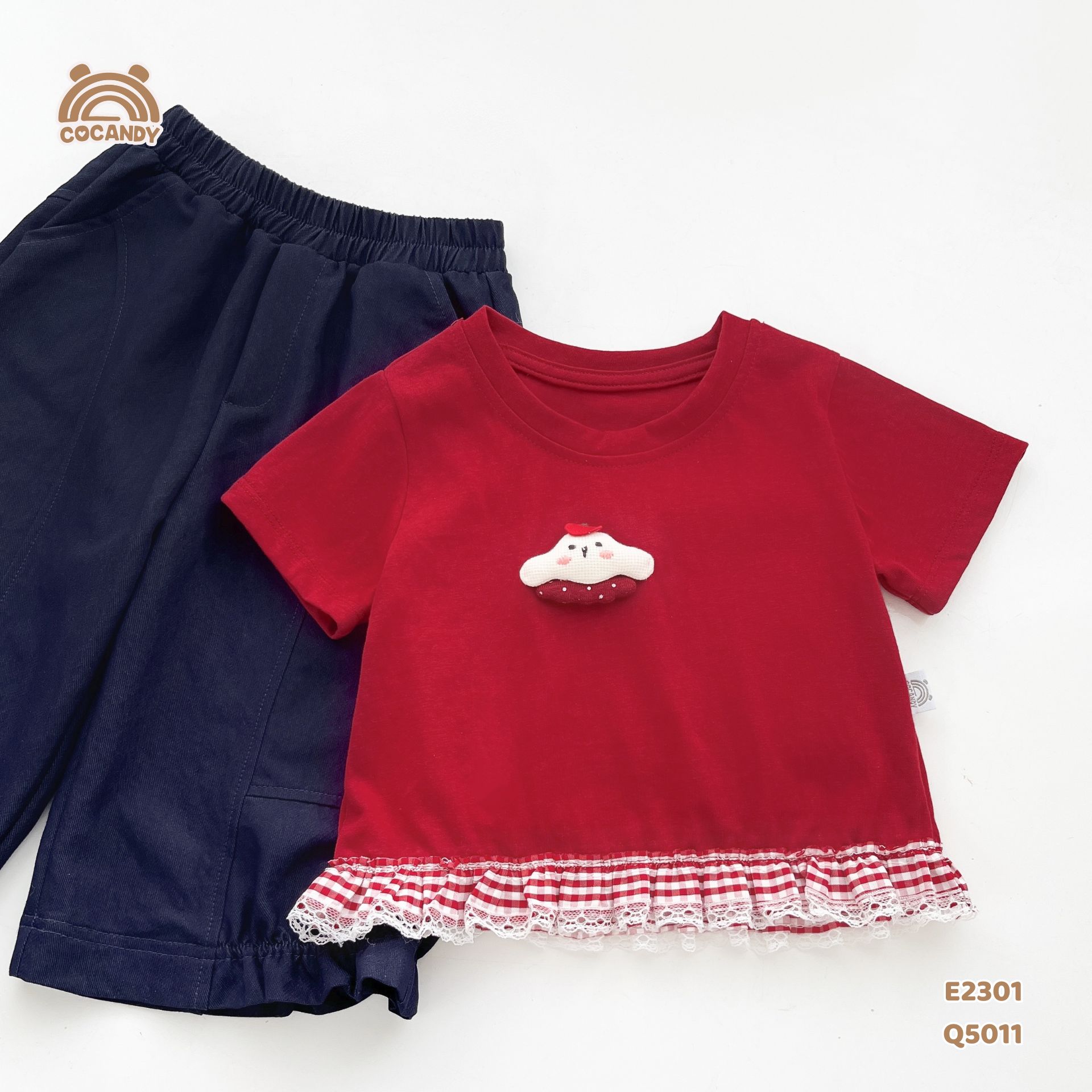 Áo cộc cotton ĐỎ thêu cún nhún bèo caro_thumbnail_1