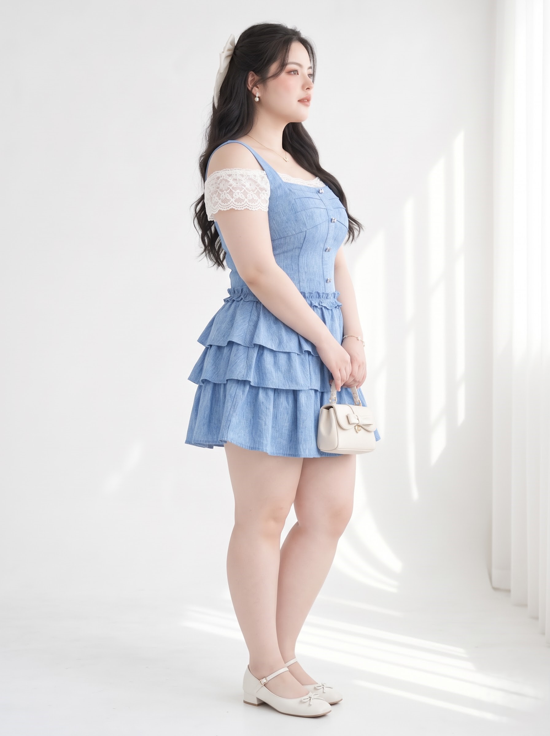 Đầm Dáng A Phối Ren Nhún Tầng Bigsize Tôn Eo Che Bắp Tay - Xanh - Vừa 55-95kg - V-DA202_thumbnail_2