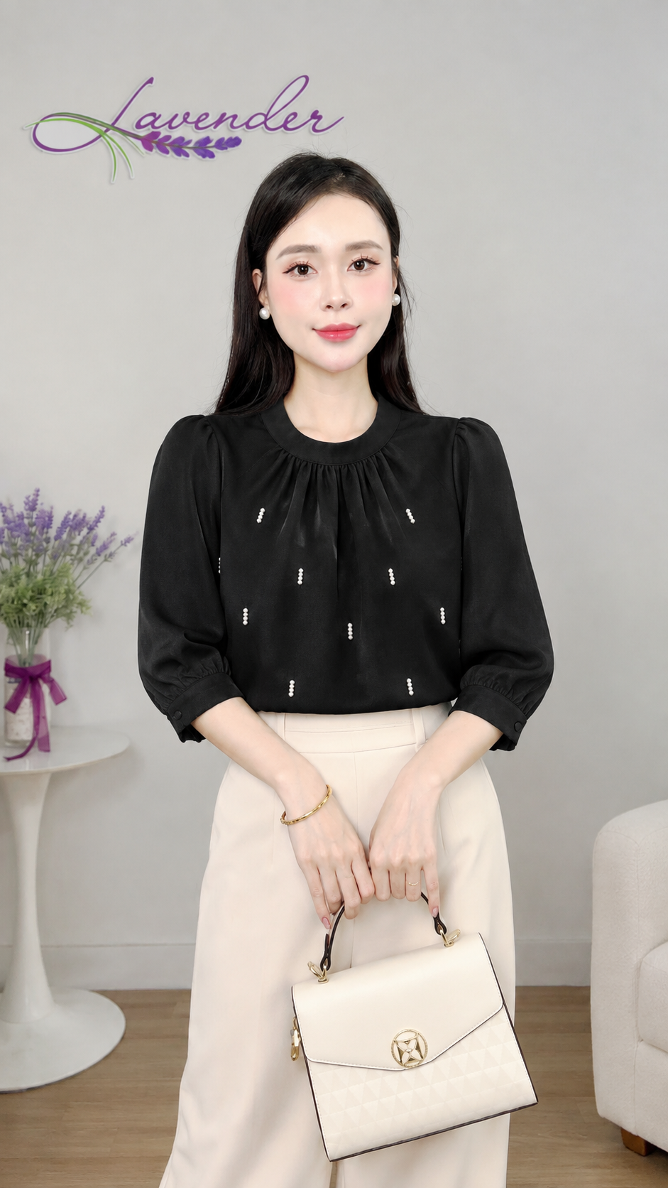 Sơ mi cổ trụ đính đá tay lỡ dài A4136