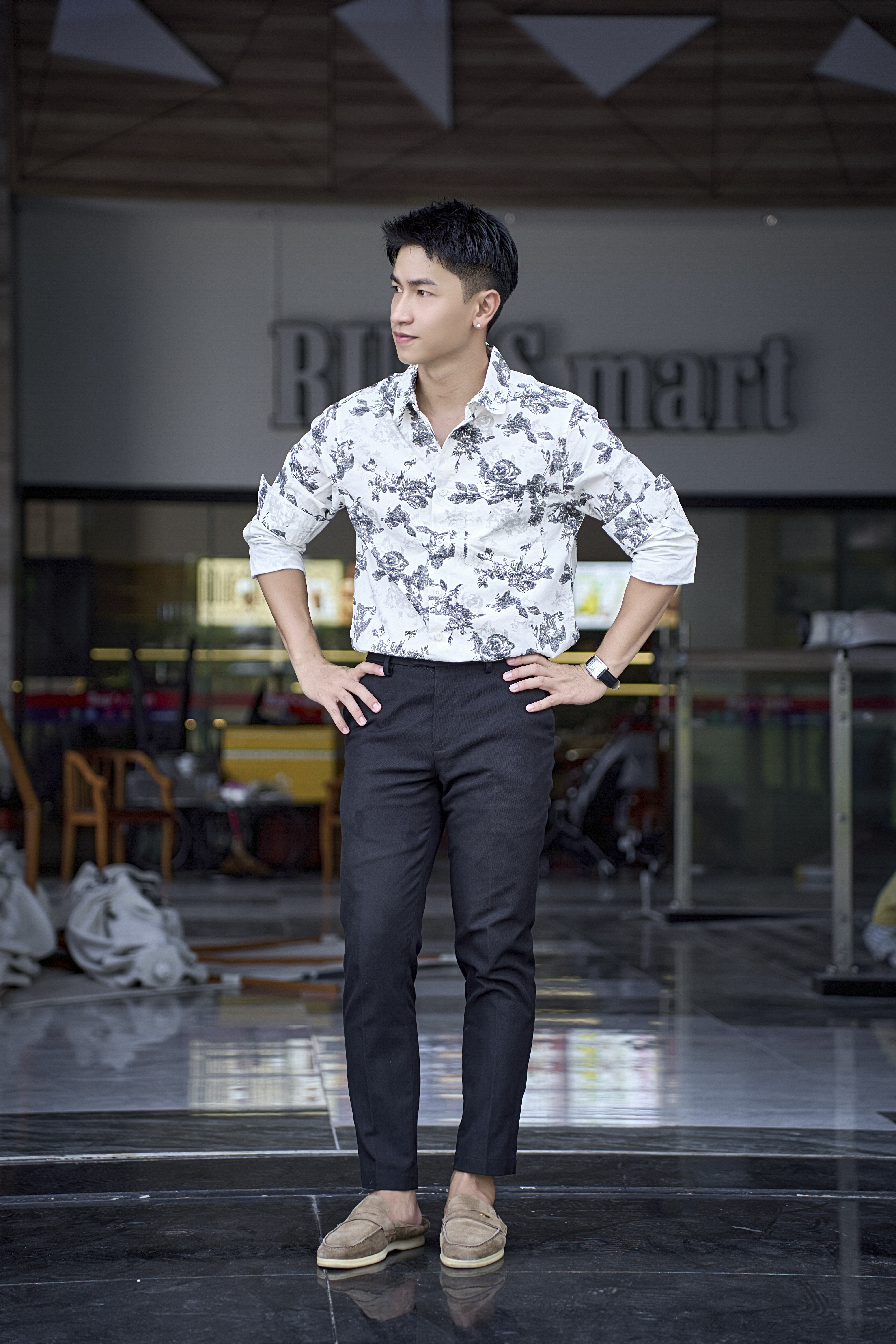 SA109 - Áo Sơ Mi Nam Tay Dài Phong Cách Nhật Bản In Hoa Đen Trắng Thời Trang_thumbnail_1