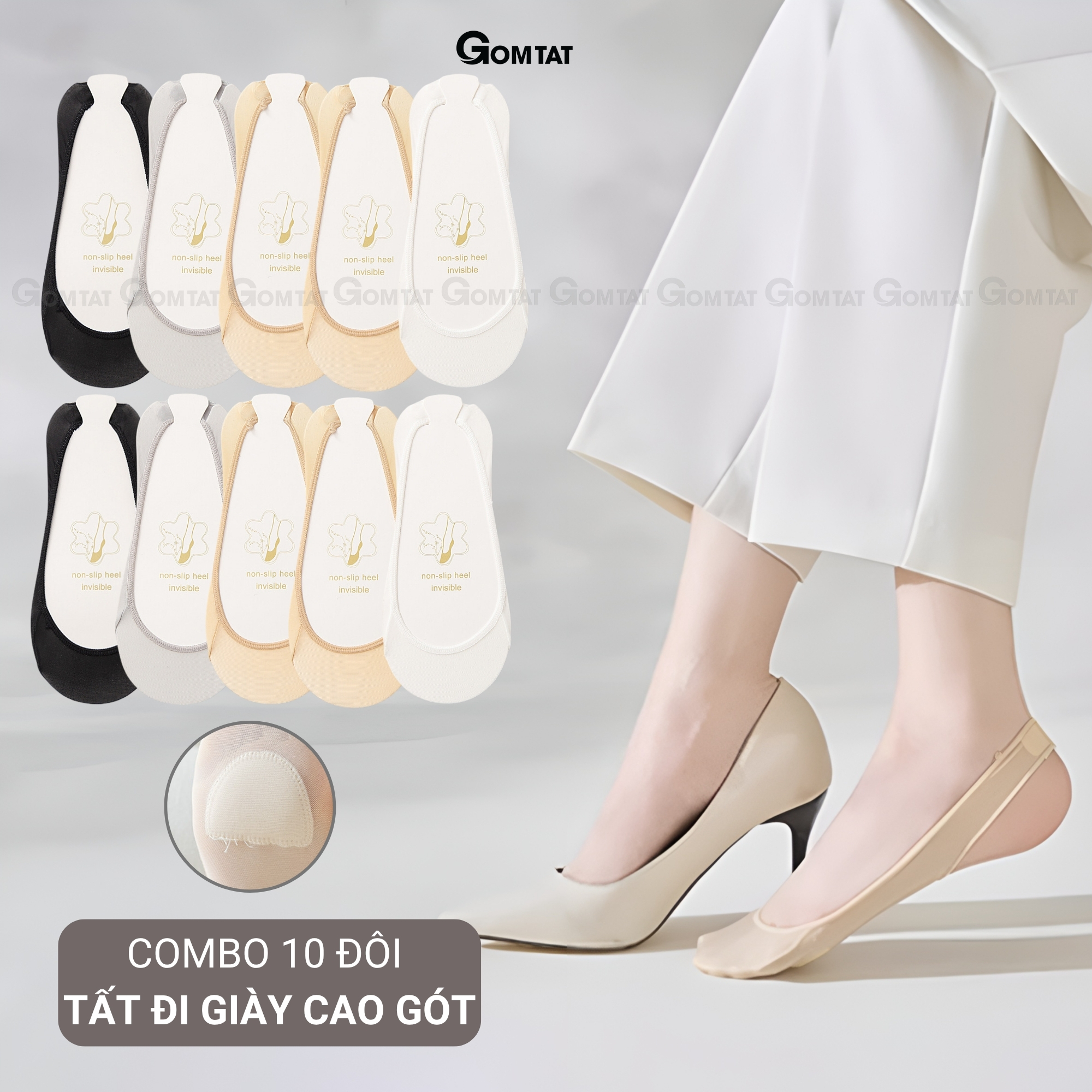 Combo 10 đôi tất nữ lười đi giày cao gót GOMTAT, có đệm silicon chống tuột gót - CAOGOT-SUX-19218