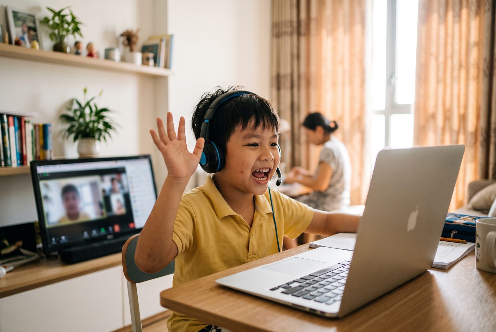 Bé nói Tiếng Anh trước webcam trong lớp học online