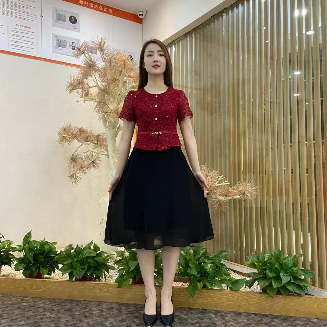 18541-Đầm xòe peplum phối ren  tay ngắn ( ren, voan,lót)