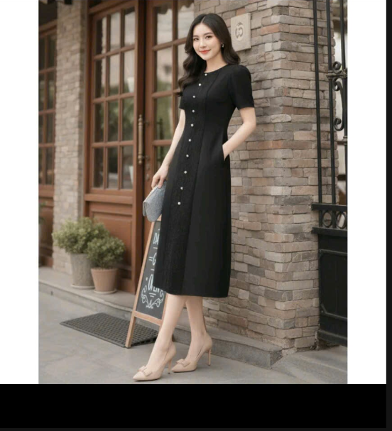 ĐẦM A CỔ TRÒN PHỔI REN ĐÍNH NÚT - ĐEN_thumbnail_3