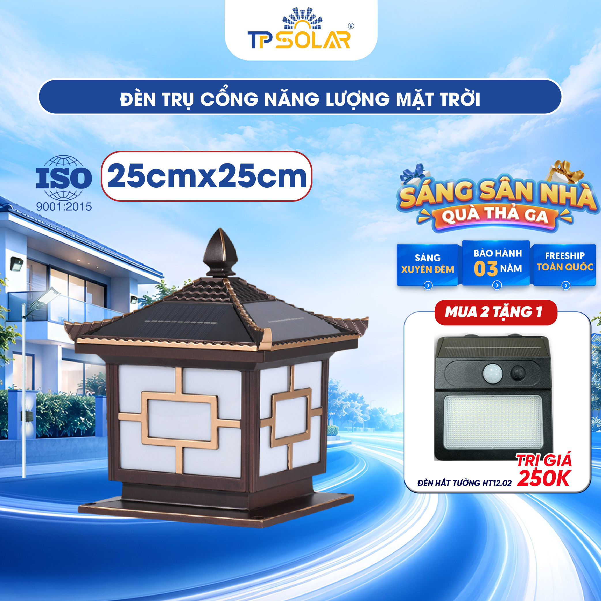 Đèn trụ cổng mái ngói năng lượng mặt trời TP SOLAR TC01