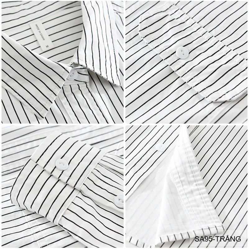 SA95 - Áo sơ mi nam dài tay sọc dọc phong cách Nhật Bản form rộng, chất cotton 100%, phối màu trắng đen