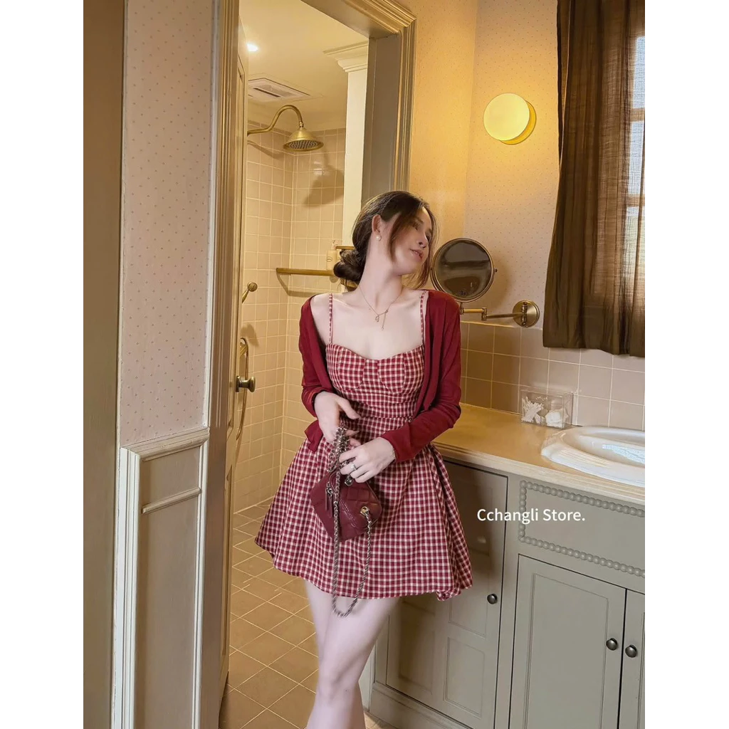 Lucas - Set váy caro 2 dây may ôm ngực chân xòe dáng ngắn + áo cardigan thun_thumbnail_3