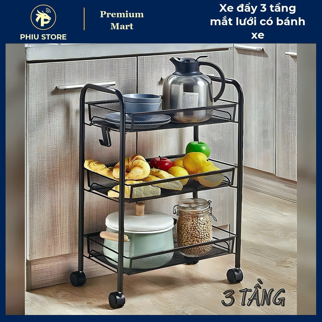 Kệ Để Đồ có Bánh Xe - Xe Đẩy 3 Tầng Mắt Lưới có Bánh Xe, Kệ Để Đồ 3 Tầng có Bánh Xe - PHIU STORE_thumbnail_1