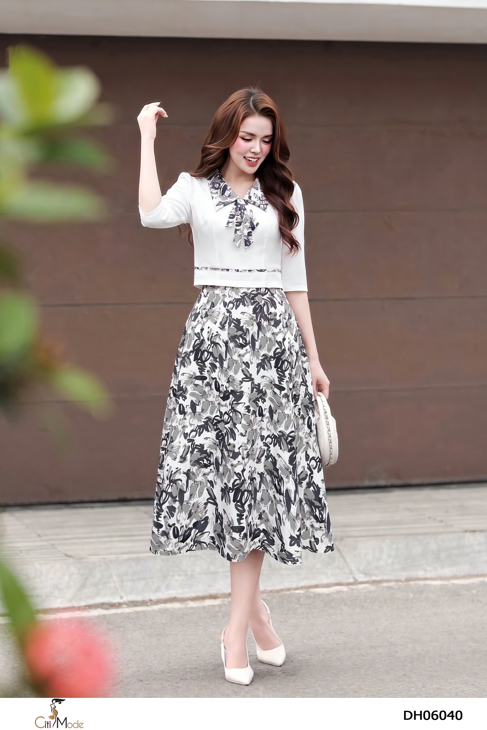 Đầm xòe hoa giả set, cổ cách điệu nơ tay lỡ