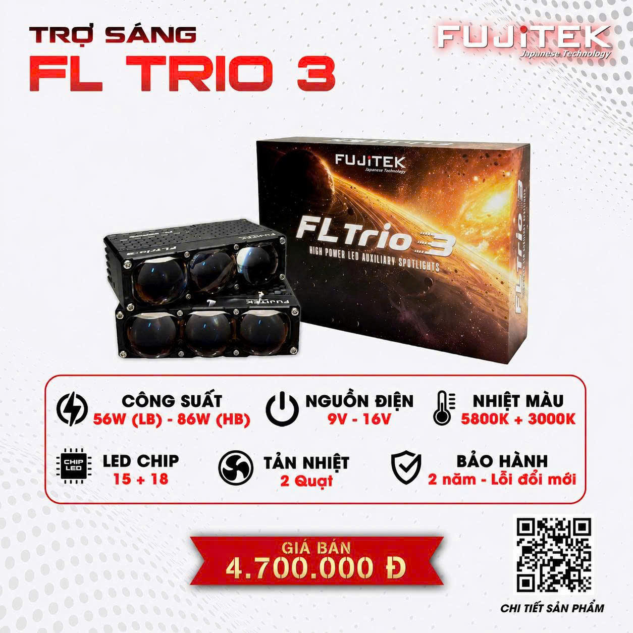 Đèn trợ sáng Fujitek FL Trio 3 công suất mạnh mẽ