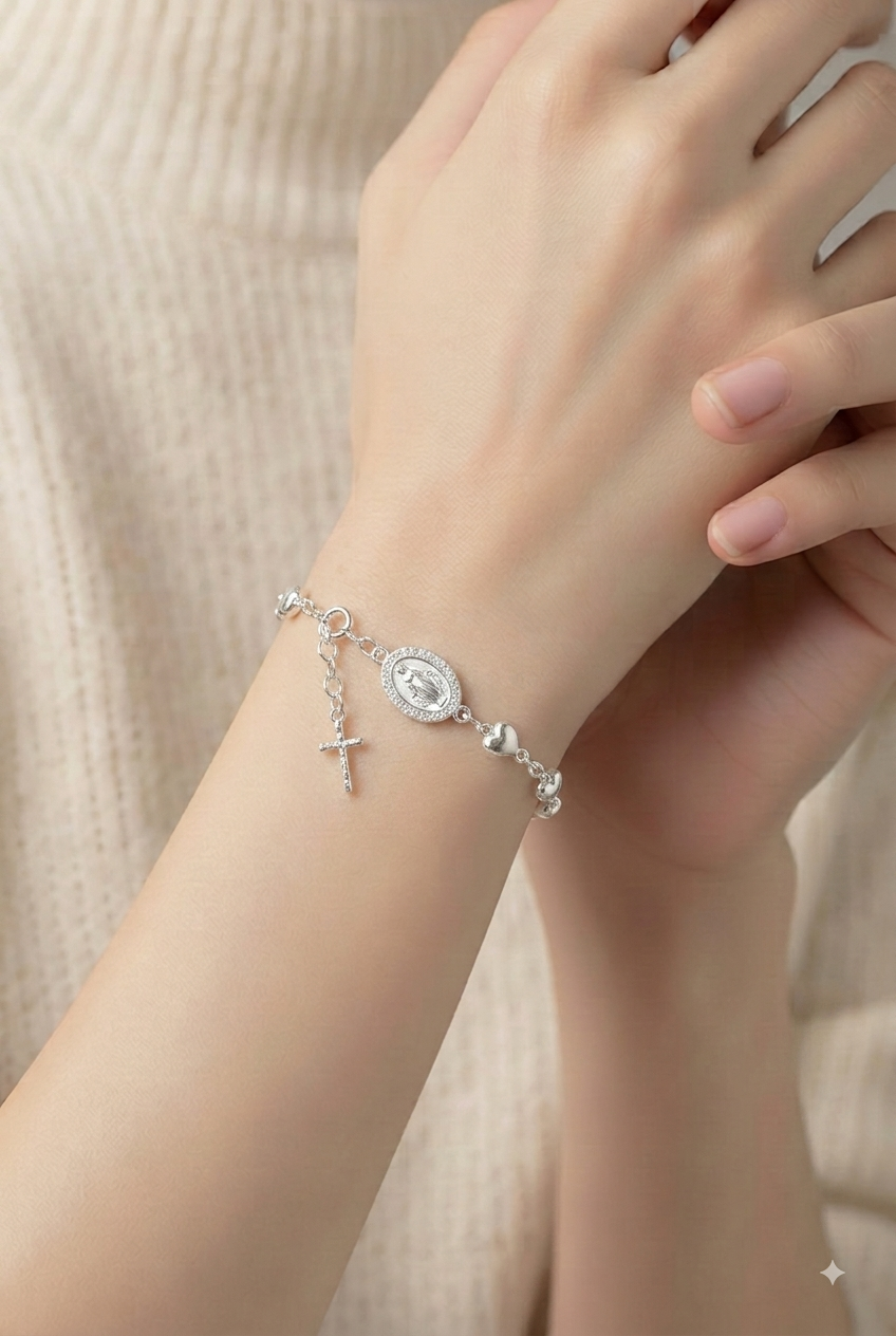 Lắc Tay Nữ Bạc Thánh Giá Vòng Tay Mân Côi Công Giáo Trái Tim Tinh Tế LB20 – Quà Tặng Ý Nghĩa_thumbnail_2