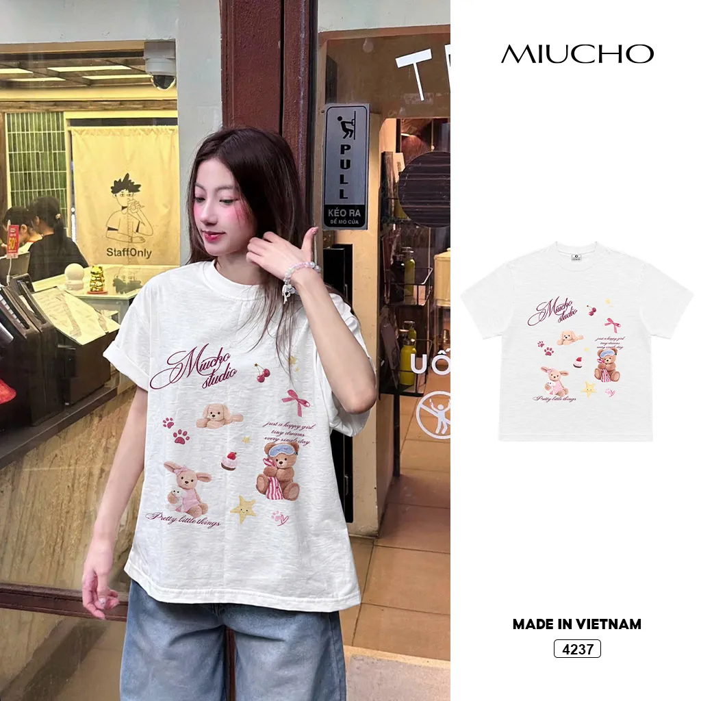 Áo thun nữ form boxy chất vải xước Teddy đáng yêu Miucho 4237
