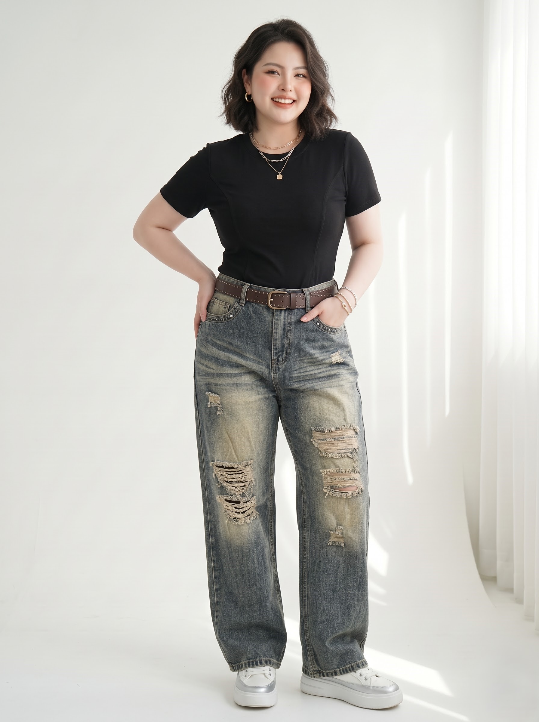 Quần Jean Suông Viền Đinh Bigsize Nữ Cá Tính, Không Co Giãn - Đậm, Nhạt - Vừa 55–90kg - T-QJ646
