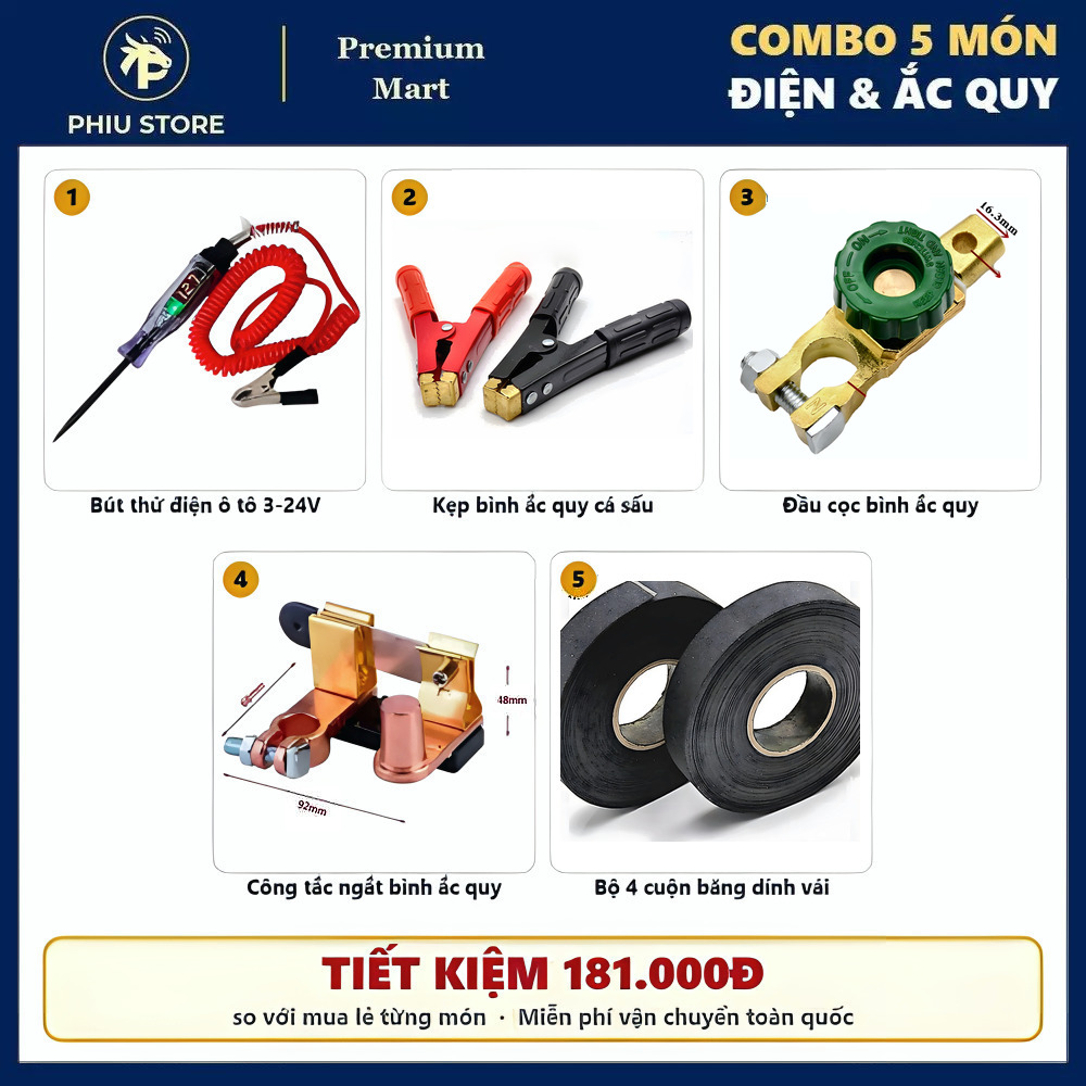 Combo Đồ Nghề Điện & Ắc Quy 5 Món - Bút Thử Điện, Kẹp Bình Cá Sấu, Đầu Cọc Bình, Công Tắc Ngắt Bình, Băng Dính Vải
