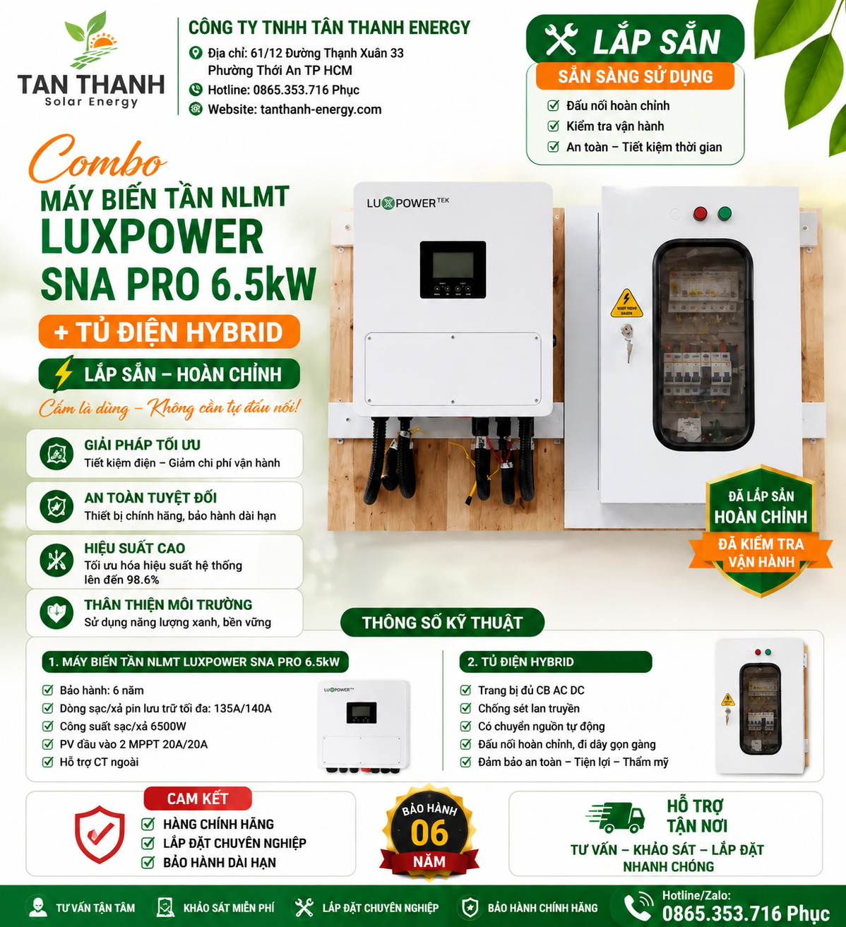 COMBO MÁY BIẾN TẦN NLMT SNA PRO 6.5kW + TỦ ĐIỆN HYBRID LẮP SẴN