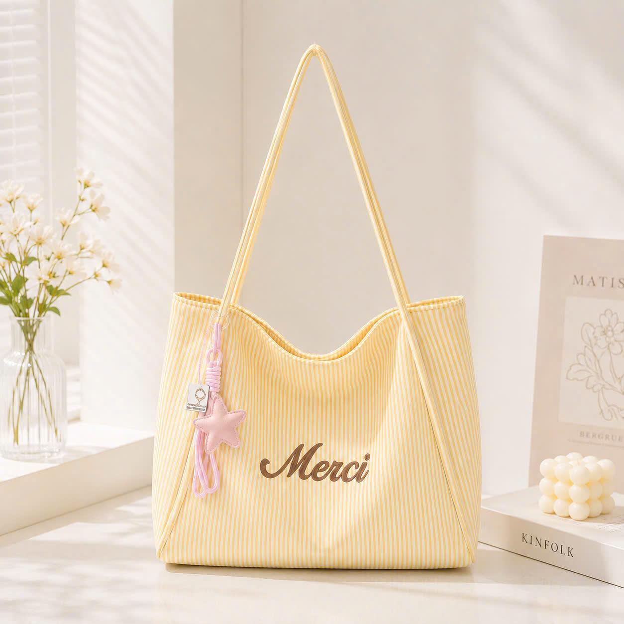 (Tặng Charm Sao) Túi Tote Nữ Vải Nhung Gân Thêu Chữ Merci Dễ Thương Đeo Vai Dáng Rộng CUN425