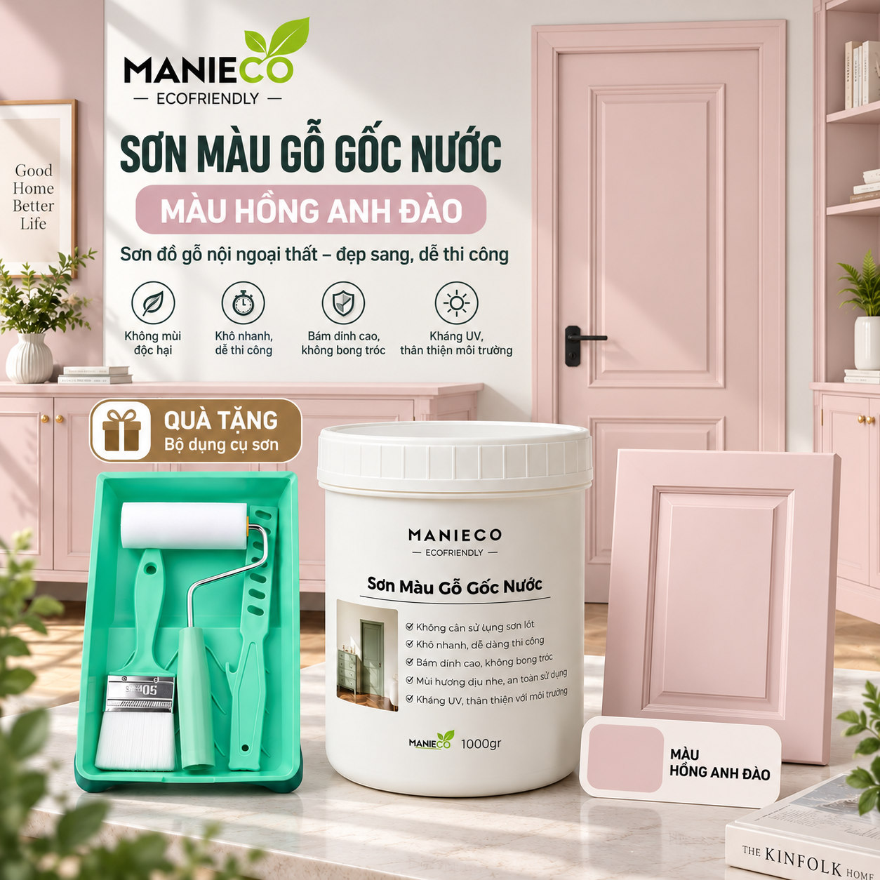 Màu Hồng Anh Đào - Sơn Gỗ Gốc Nước Đổi Màu Manieco 1KG - Nội Ngoại Thất, Che Phủ Hoàn Toàn, Không Mùi