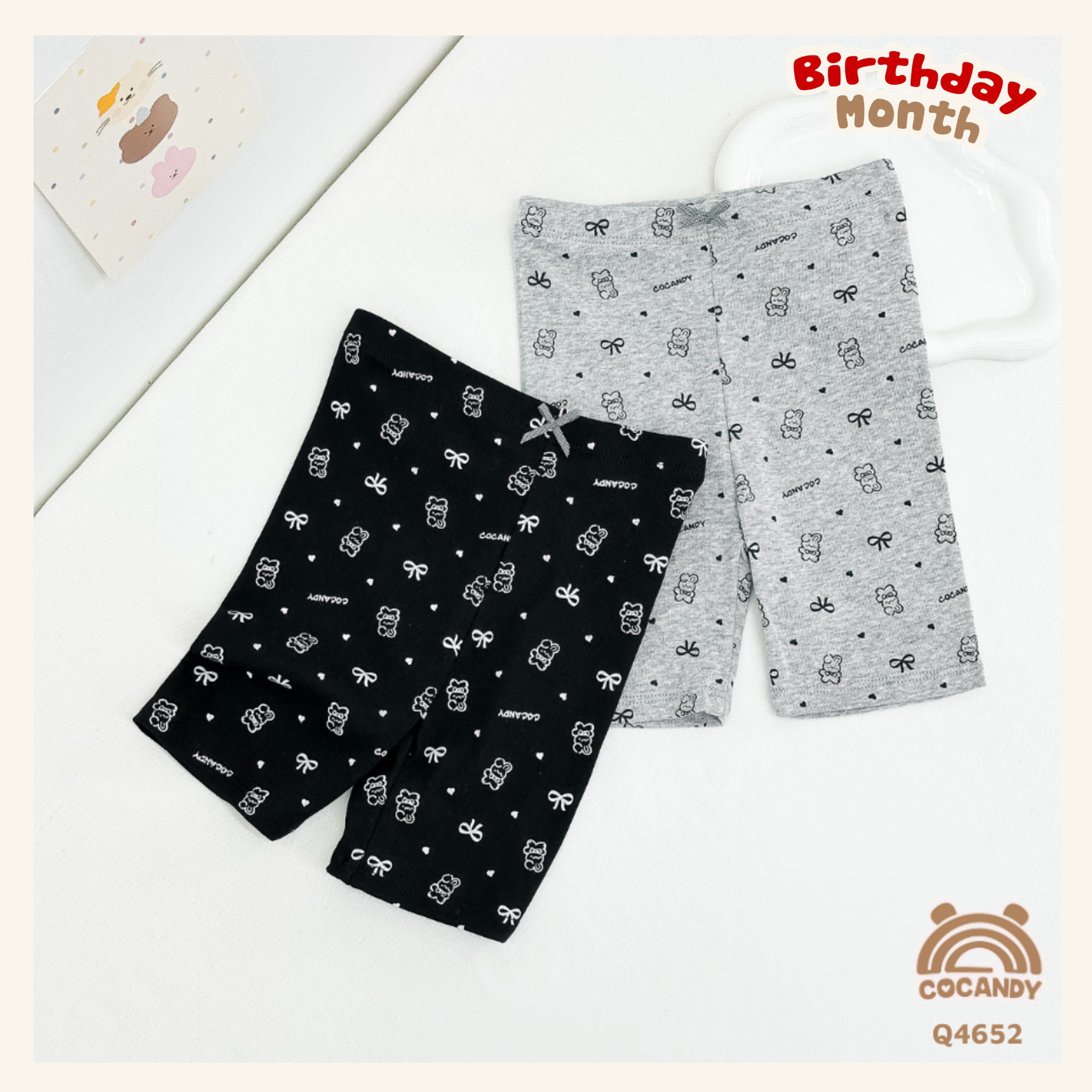 Set quần legging cộc ĐEN GHI hình thỏ nơ