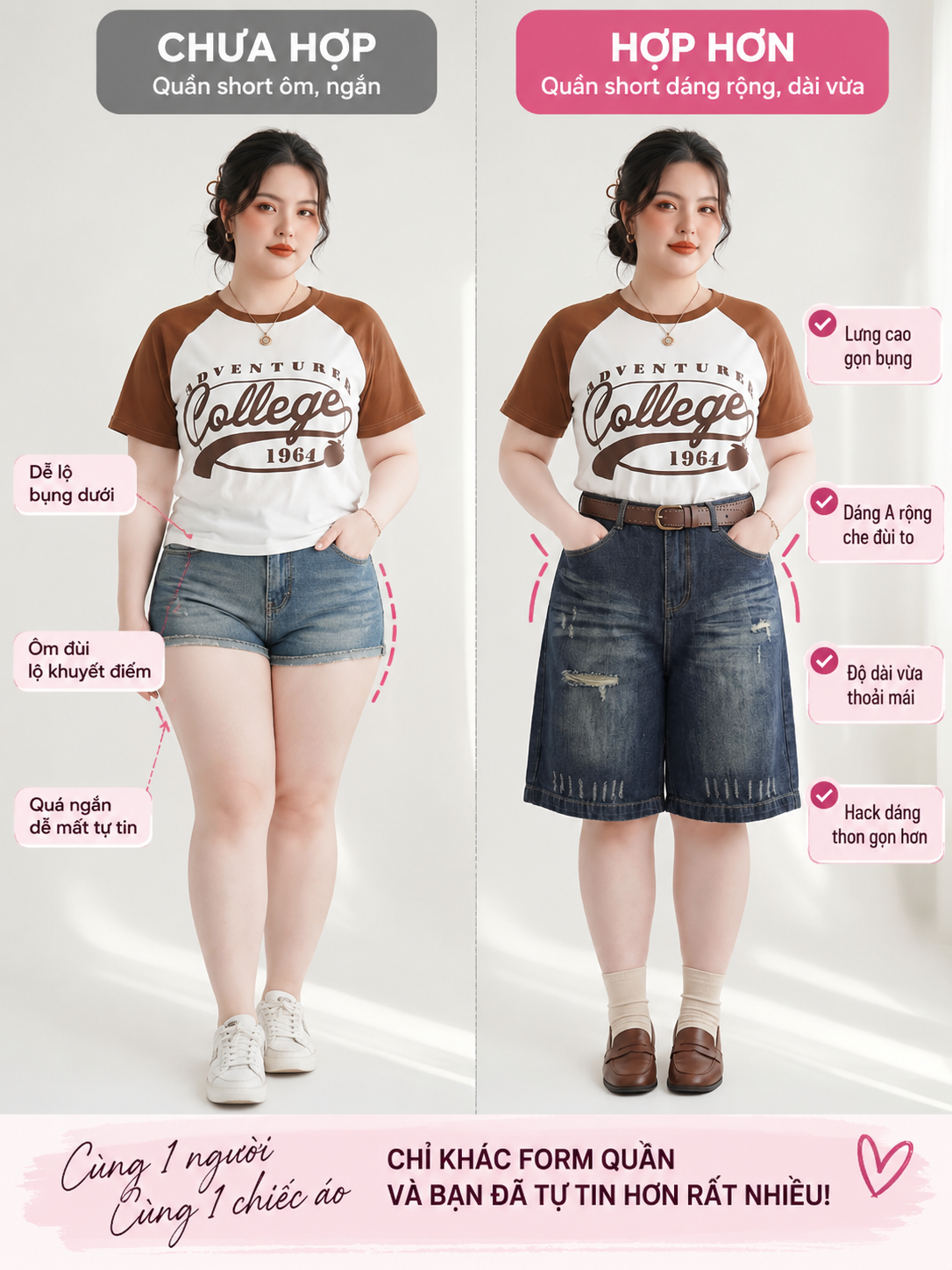 So sánh quần short ôm ngắn và quần jean lửng dáng A rộng T-QSJ80 trên cùng vóc dáng