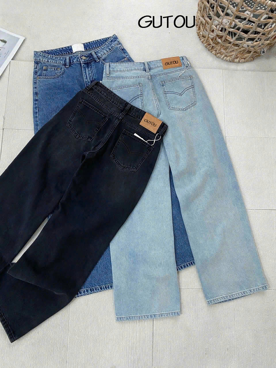 [ GUTOU ] Quần Jean Suông Đường May Nổi Túi Sau Basic Trendy_thumbnail_12