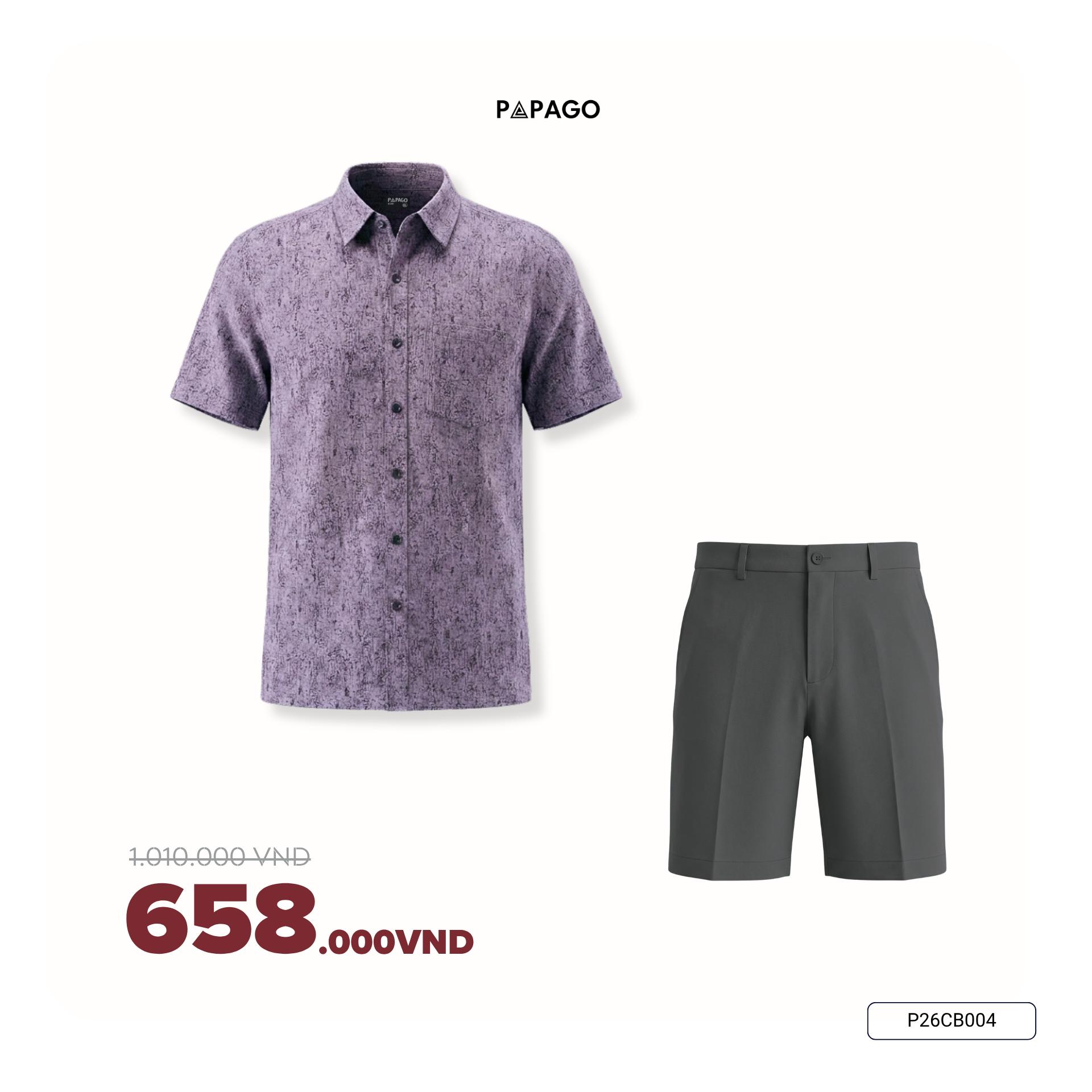 [Tặng Áo] Combo Áo Sơ Mi Nam Tay Ngắn Họa Tiết & Quần Short Vải Poly Trung Niên PAPAGO - P26CB007