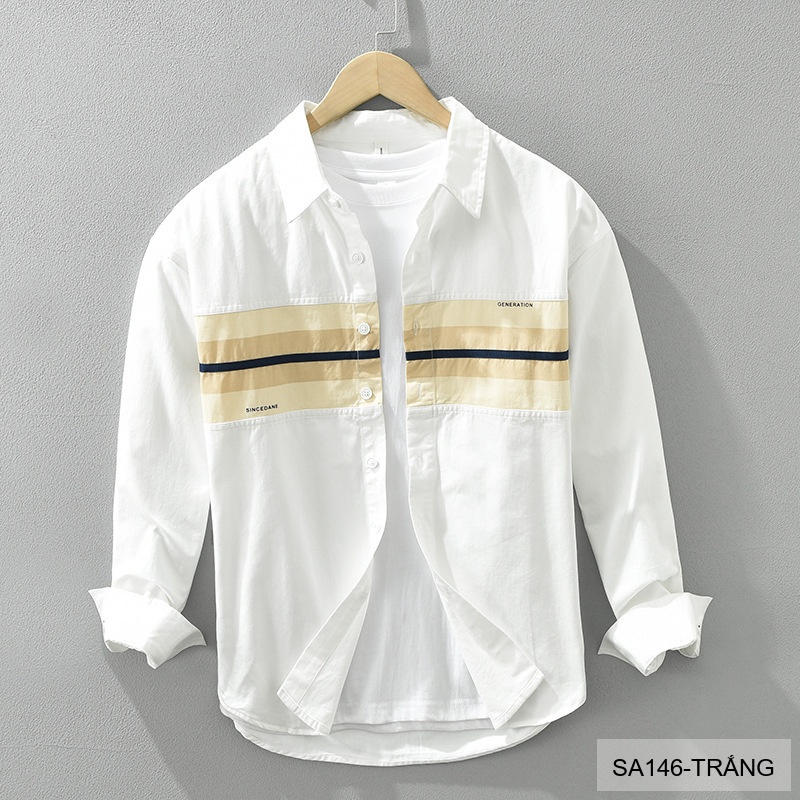 SA146 - Áo sơ mi nam dài tay phong cách Nhật Bản, chất cotton 100%, form rộng trẻ trung, phối sọc ngang thời thượng