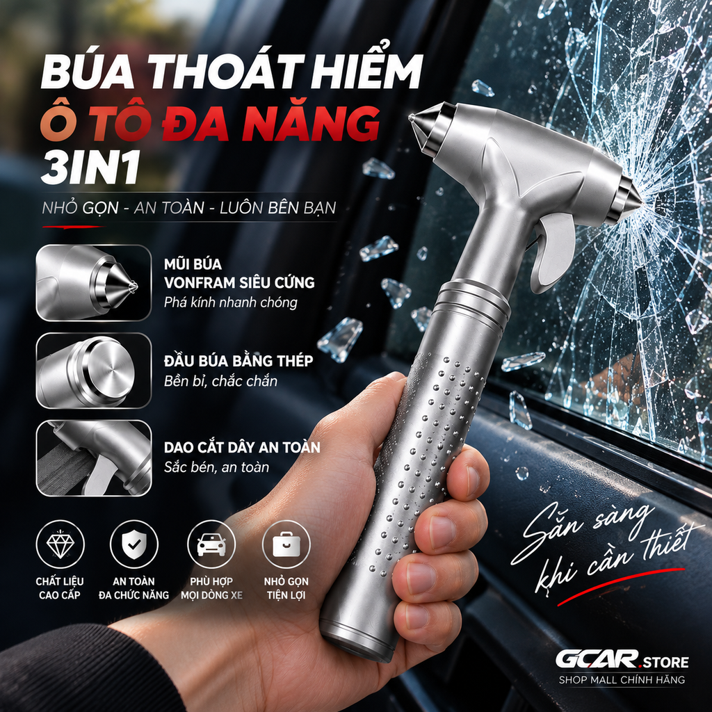 Búa Phá Kính Ô Tô Hợp Kim Vonfram – Búa Thoát Hiểm & Cắt Dây Đai